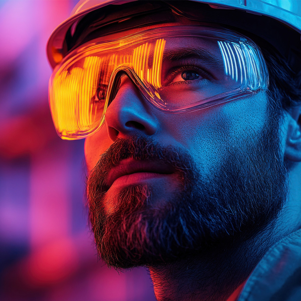 Bauarbeiter mit Schutzhelm und Schutzbrille in einer Industrieumgebung mit bunten Lichtquellen