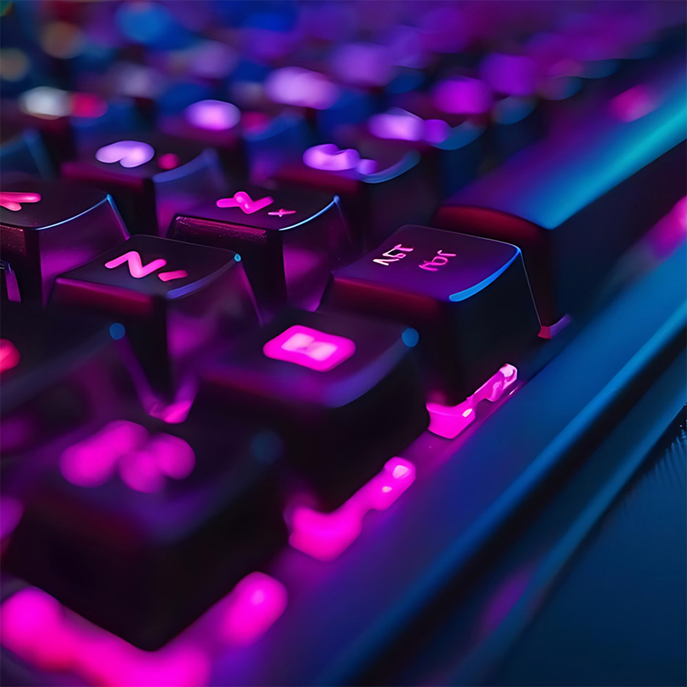 RGB-beleuchtete Tastatur mit farblich abgestimmten Tasten – Farb- und Materiallösungen für Eingabegeräte und elektronische Komponenten.