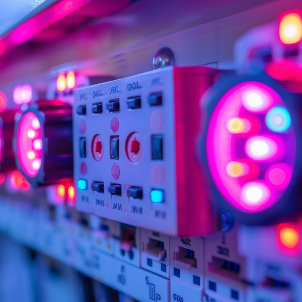 Leuchtende Schaltkomponenten mit Farbkennzeichnung – technische Polymere und funktionale Farben für moderne Elektrotechnik.
