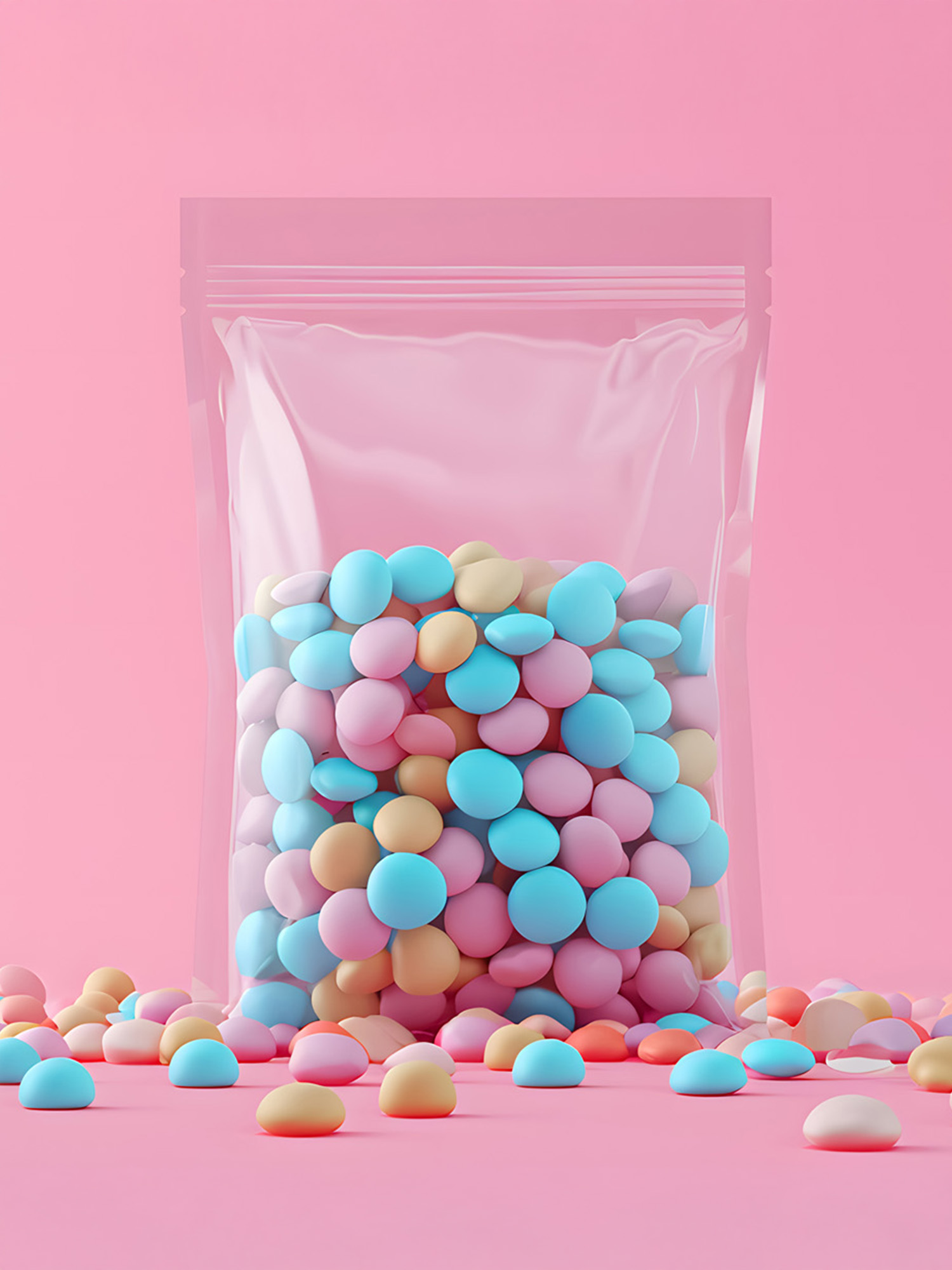 Transparenter Standbeutel mit bunt eingefärbten Süßwaren – Verpackung und Inhalt farblich abgestimmt durch lebensmittelkonforme Farbsysteme von HABICH FARBEN.