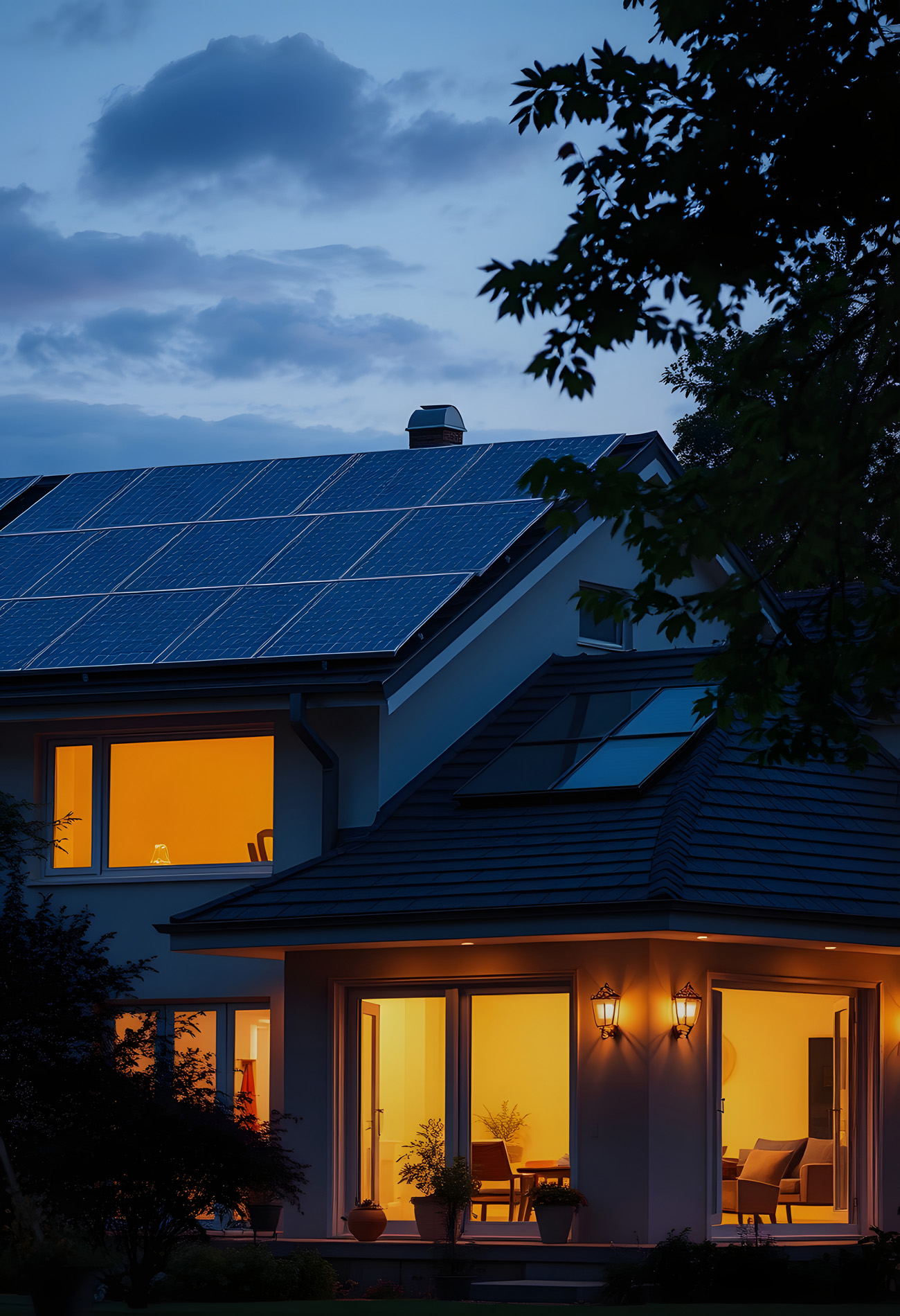 Haus mit Solarmodulen in der Dämmerung – eingefärbte Kunststoffgehäuse und Komponenten durch HABICH Pastenfarben