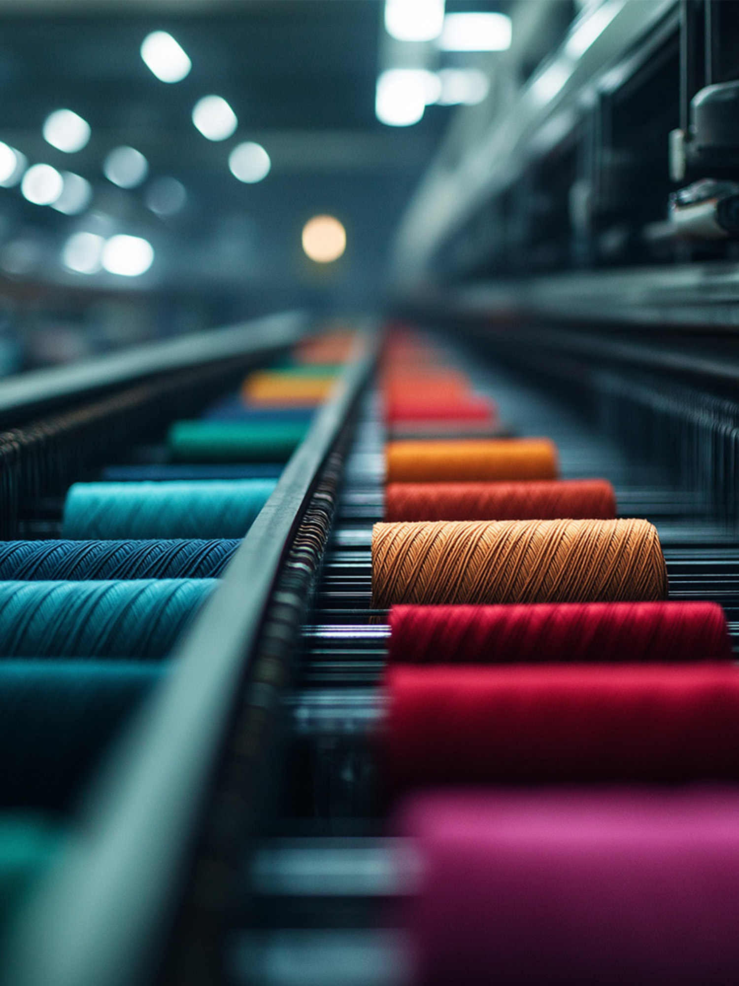 Garnspulen auf einer Färbelinie – steht für die optimierte Verarbeitung und industrielle Effizienz der Farblösungen von HABICH FARBEN.